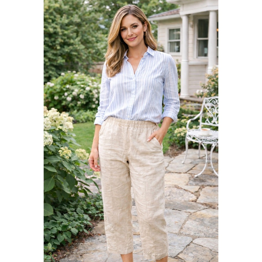 Eileen Fisher Organic‎ Linen Tapered Ankle Pants Beige Tan Womens Large J2